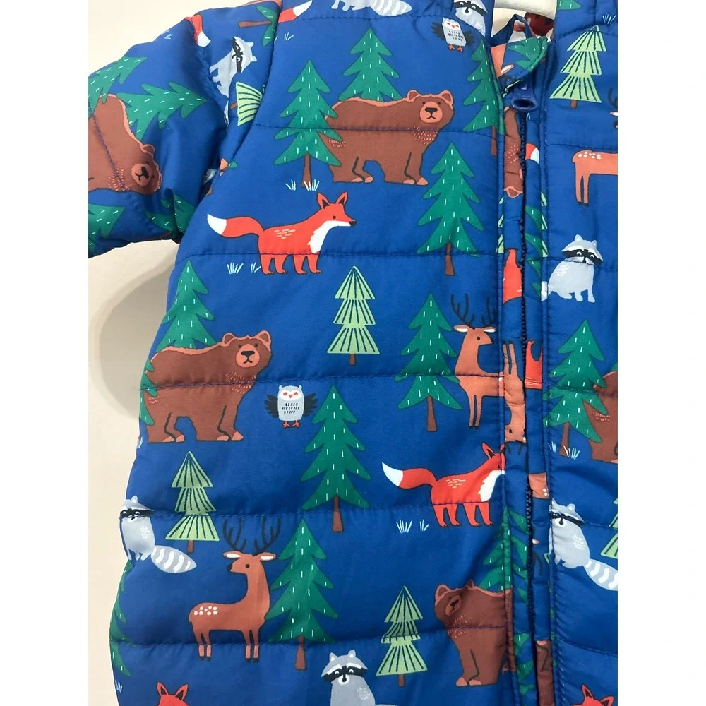The Childrens Place Kids 0-3M Snowsuit Woodland Animal Puffer Bunting Blue